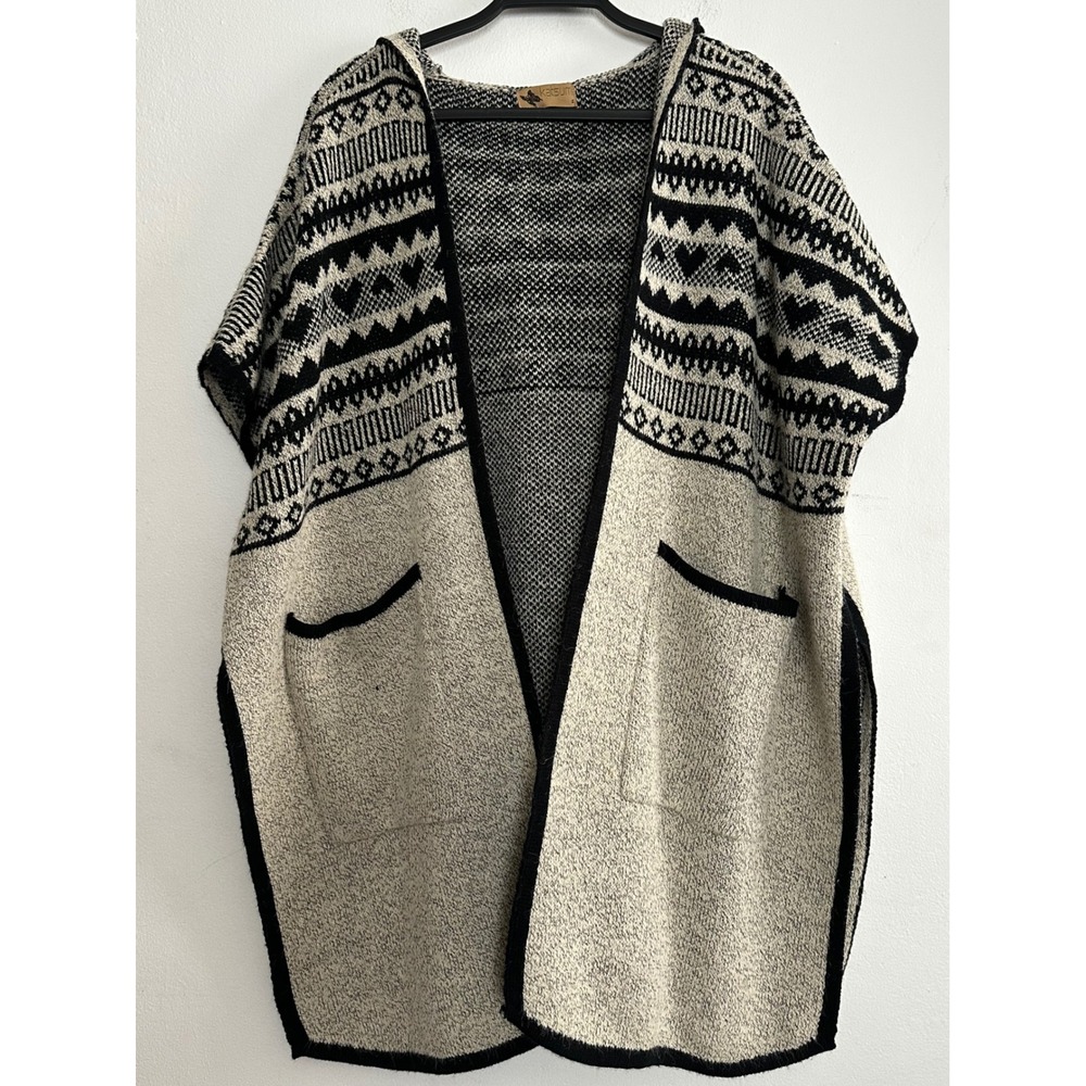 Katsumi Womens Fair Isle Hooded Poncho Cardigan Open Front Wrap Small Oversized
